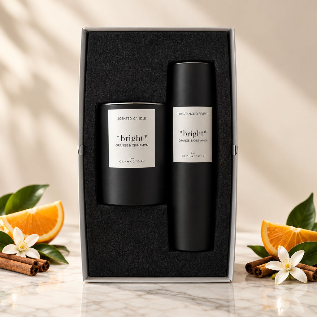 The Olphactory | Scent & Glow Orange & Cinnamon | Geurkaars | Geurstokjes | Gastendoekje