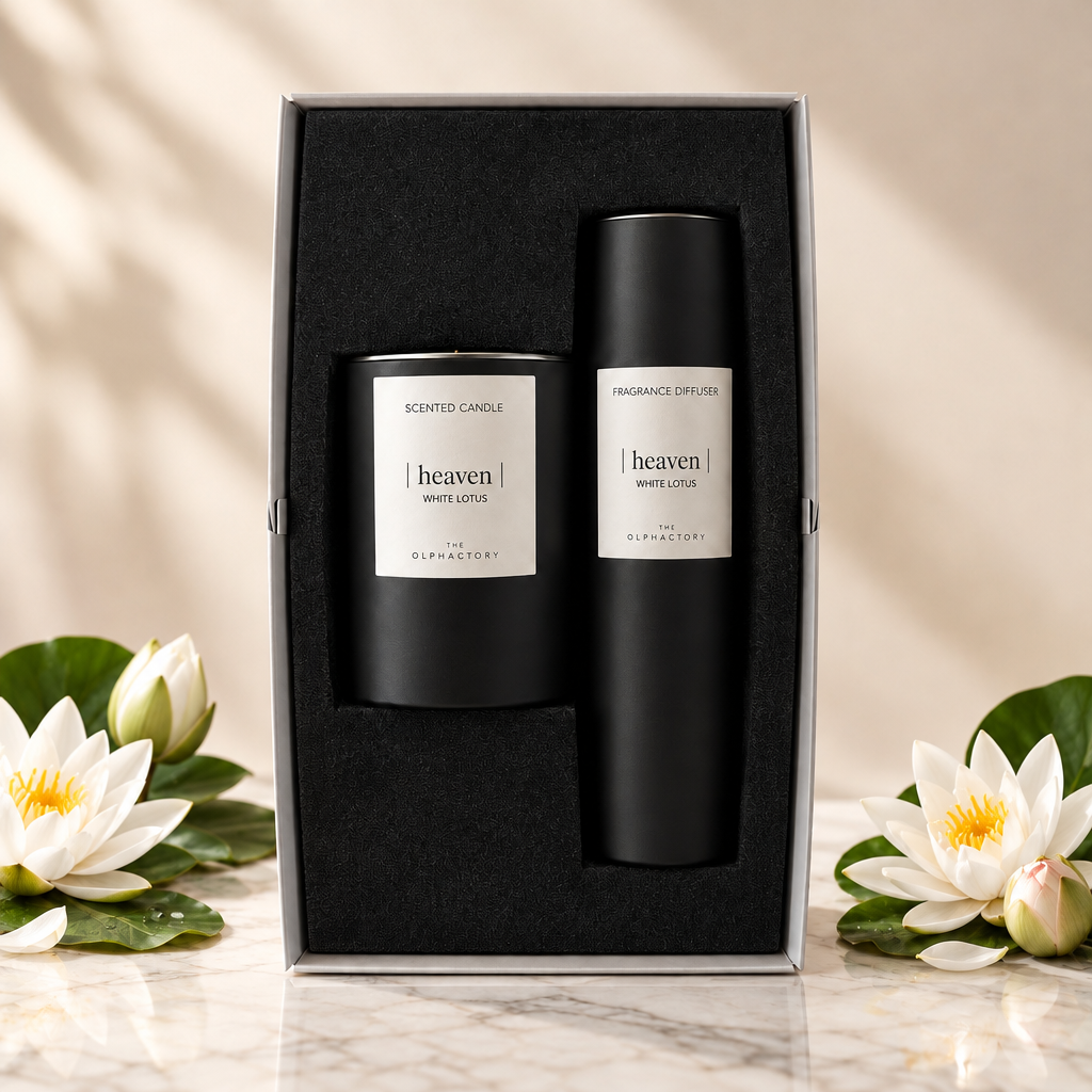 The Olphactory | Scent & Glow White Lotus | Geurkaars | Geurstokjes | Gastendoekje