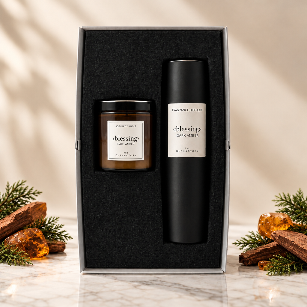 The Olphactory | The Scented Moment Dark Amber | Glaskaars | Geurstokjes | Gastendoekje